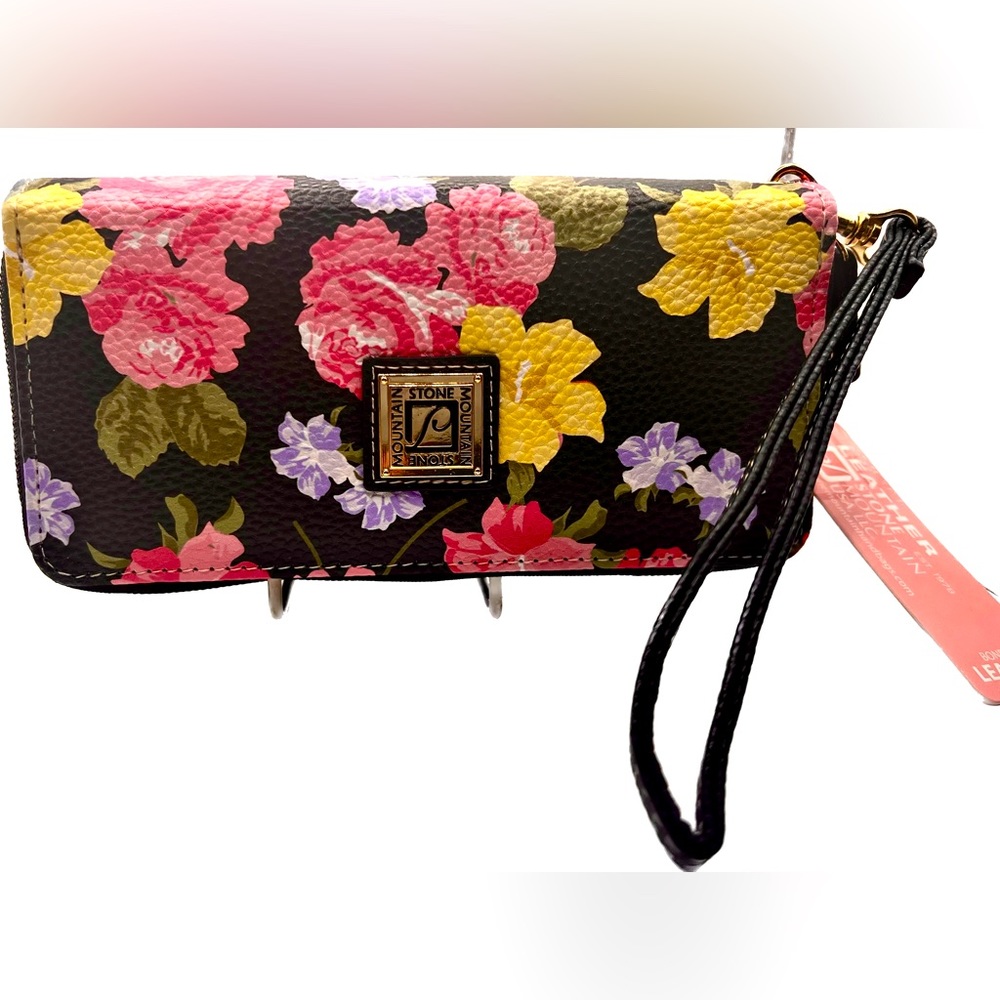 Cute Stone Mountain Leather Wallet, Black w/Multicolored Flowers, NWT